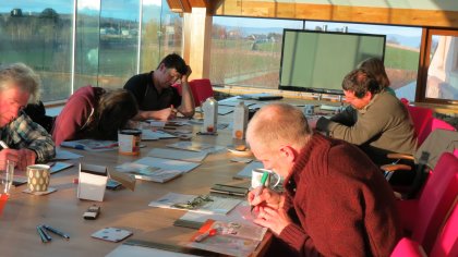 Farmers in one Hennovation network thinking about feather pecking and coming up with ideas for innovative approaches for control. Photo: Claire Weeks Farmers in one Hennovation network thinking about feather pecking and coming up with ideas for innovative approaches for control. Photo: Claire Weeks