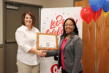 Dr. Denise Heard (right), NPIP senior coordinator, presents the certificate to Melissa Phillips (left), quality assurance auditor and NPIP coordinator at Cobb-Vantress. Photo: Cobb-Vantress. Dr. Denise Heard (right), NPIP senior coordinator, presents the certificate to Melissa Phillips (left), quality assurance auditor and NPIP coordinator at Cobb-Vantress. Photo: Cobb-Vantress.