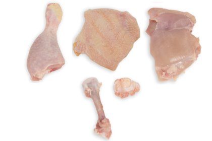 The result after the thigh deboning process: a skinless deboned thigh with separate skin, bone, knee cap and drumstick. The result after the thigh deboning process: a skinless deboned thigh with separate skin, bone, knee cap and drumstick.