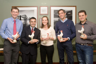 Winners of the business development event  Team Orange   consisting of Matthew Godfrey, Faccenda, UK; Luis Vera Kellet, Aviagen Asia Team; Claire Hook, P D Hook Hatcheries UK; David Jimenez Zarza, SADA, Spain; and Ivan Mitkov Kechedzhiev, Milenium-2000 Ltd, Bulgaria.