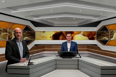 Webinar host Fabian Brockotter and veterinarian Gerwin Bouwhuis are live in the studio, Jose Ros and Erik Juncker Boll join via video feed to discuss the topic Health & Nutrition. Photo: Misset