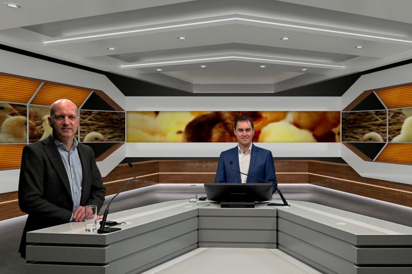 Webinar host Fabian Brockotter and veterinarian Gerwin Bouwhuis are live in the studio, Jose Ros and Erik Juncker Boll join via video feed to discuss the topic Health & Nutrition. Photo: Misset