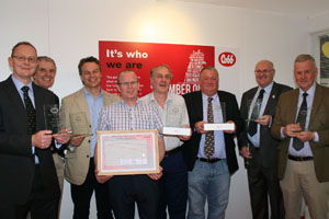 Andrew Gibson, PD Hook, Roy Mutimer, Cobb Europe, Mark Robson, owner of Pressen Hill Farm (PD Hook flock farmer), Bill Dent, PD Hook, Mick Ormerod, Gallows Green and Topcliffe Farm, PD Hook, Ian Bonney, Pressen Hill Farm, Charlie McManus, PD Hook and James Hook, chairman, PD Hook Group.