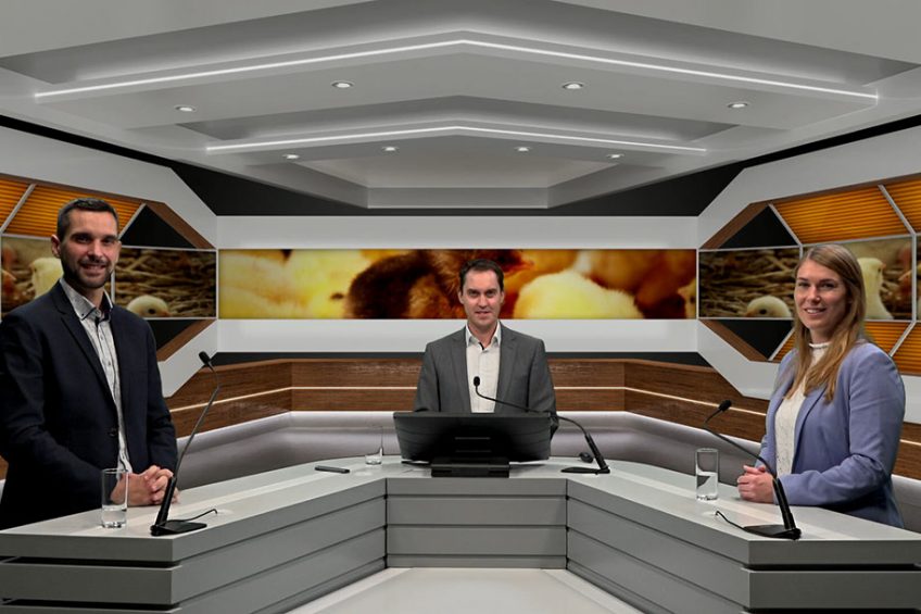 Webinar host Fabian Brockotter, editor in chief of Poultry World, welcomed a couple of speakers in the studio. Coronavirus travel restrictions made many speakers join via live video connection. Photo: Misset