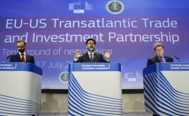 Daniel Rosario, European Commission's spokesperson for Agriculture and Rural Development, Ignacio Garcia Bercero, European Union chief negociator for the Transatlantic Trade and Investment Partnership (TTIP), and Dan Mullaney, US TTIP chief negociator, deliver a press conference at the end of the 10th round of the TTIP negociations at the European Commission headquarters in Brussels. The European Commission emphasised numerous times in all kinds of forums that the lowering of food safety standards is definitely not on the table