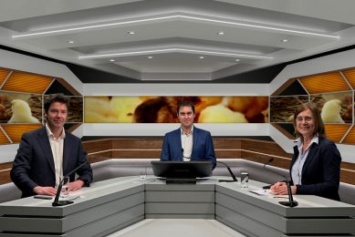 Hosted by Poultry World editor Fabian Brockotter, experts Leon Marchal (l), Anne Marie Neeteson and Peter van Horne (via video), give their expert opinion on sustainability. Photo: Company webcast