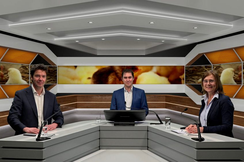 Hosted by Poultry World editor Fabian Brockotter, experts Leon Marchal (l), Anne Marie Neeteson and Peter van Horne (via video), give their expert opinion on sustainability. Photo: Company webcast