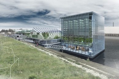 An artist impression gives some insights in to the plans of Floating Farms Holding. In the far background the existing dairy farm, in the middle the egg farm barge and in the front the vertical vegetable farm. Photo: Floating Farm Holding
