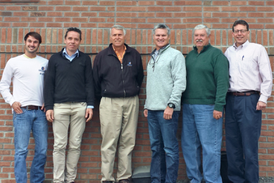 L-R: Dr. Zach Lowman; Bouke Hamminga of Pas Reform;  Joe Jurgeliewicz; Steve Warren and Jack Hubbel of NatureForm and Mark Miller at the Shartlesville PA home of Tasty Duck.