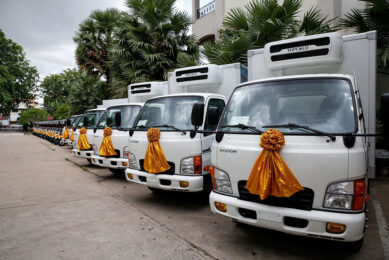 Trucks and cold-chain transport vehicles were amongst the items handed over to 21 agriculture cooperatives in Cambodia as part of the country s poultry project aimed at scaling up the development of the local backyard chicken sector. Photo: Heifer Cambodia