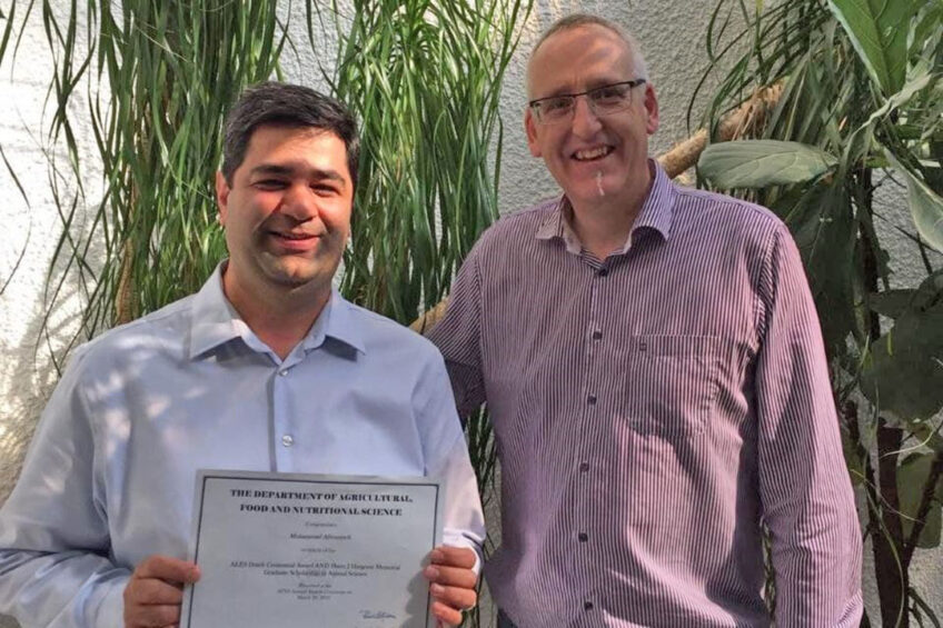 Martin Zuidhof (right) and Mohammad Afrouziyeh (left) took a deep dive into broiler breeder feeding strategies. Photo: University of Alberta
