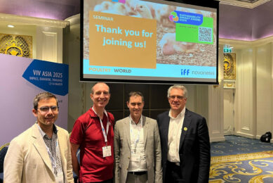 Roger Davin (Schothorst Feed Research), Dr Arno de Kreij (IFF), Fabian Brockotter (Poulty World) and Christophe Bostvironnois (Novonesis). Photo: Misset