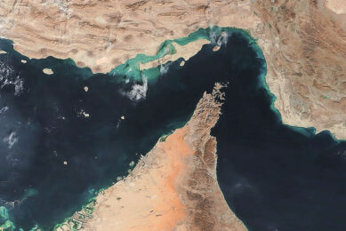 The Strait of Hormuz. Photo: MODIS Land Rapid Response Team, NASA GSFC, via Wikimedia Commons