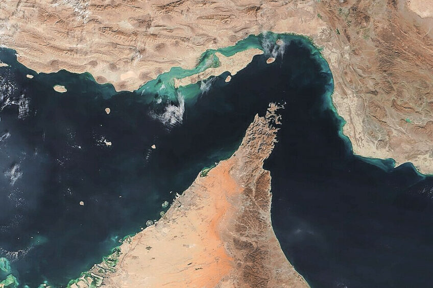 The Strait of Hormuz. Photo: MODIS Land Rapid Response Team, NASA GSFC, via Wikimedia Commons