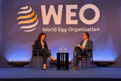 Magdalena Kowalewska, director of food and agriculture sector analyses at BNP Paribas Bank Polska, speaks with World Egg Organisation chair Juan Felipe Montoya during the opening session of the WEO Business Conference in Warsaw. Photo: WEO