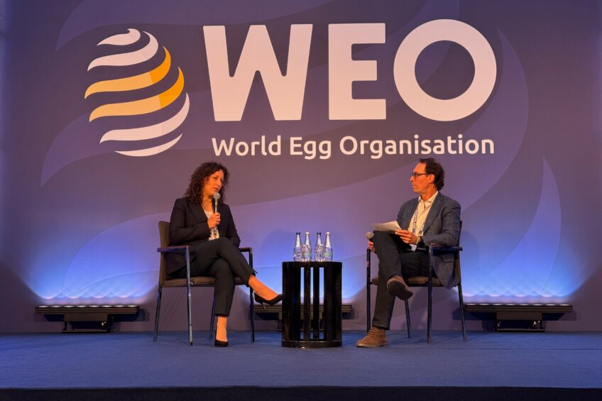 Magdalena Kowalewska, director of food and agriculture sector analyses at BNP Paribas Bank Polska, speaks with World Egg Organisation chair Juan Felipe Montoya during the opening session of the WEO Business Conference in Warsaw. Photo: WEO